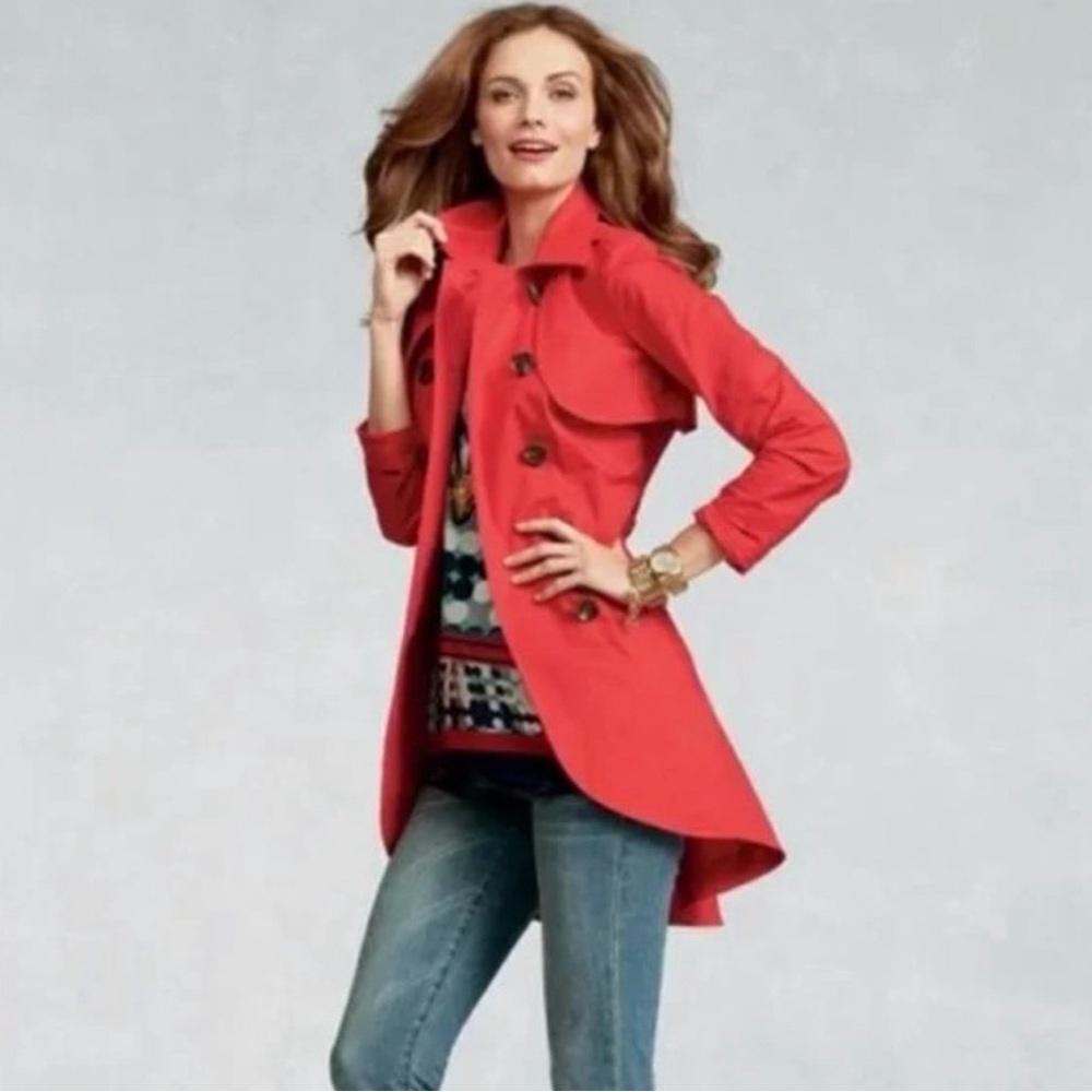 CAbi Convertible Poppy Red Coral Trench Coat Vest Jacket  #334 Size 14